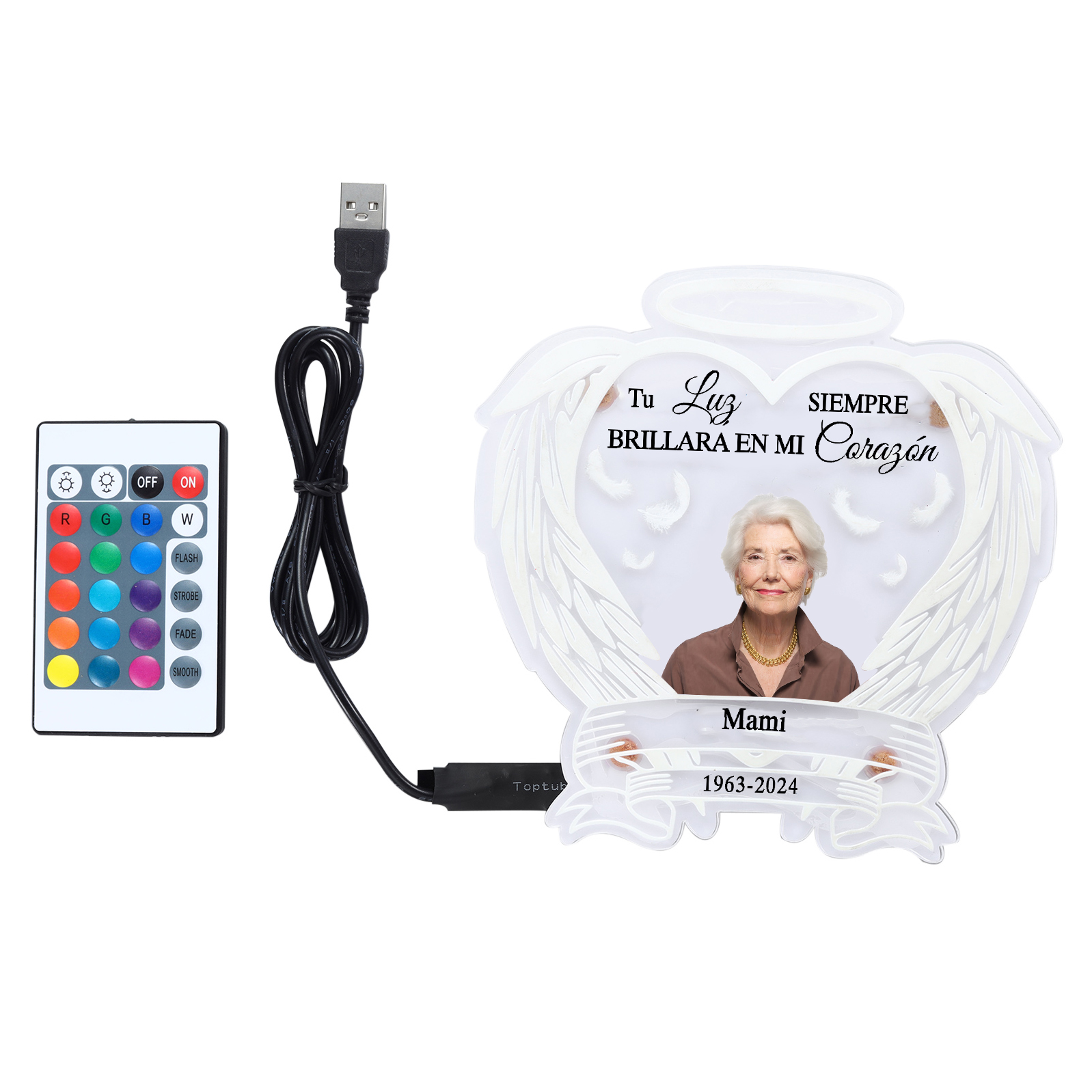 Lámpara en forma de alas con halo en memoria a un ser querido foto, nombre y años personalizados | Jessemade