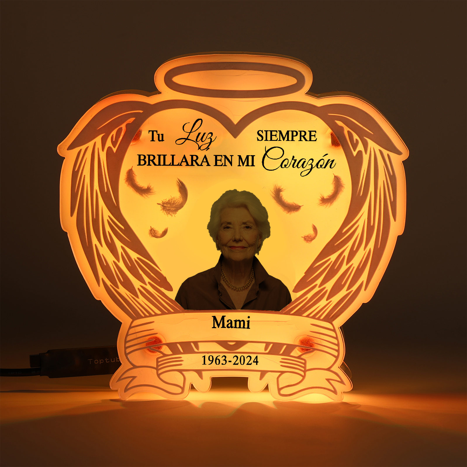 Lámpara en forma de alas con halo en memoria a un ser querido foto, nombre y años personalizados | Jessemade