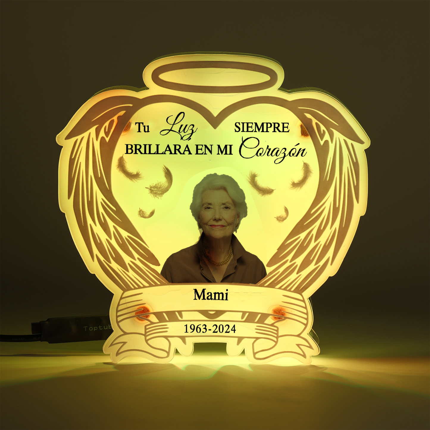 Lámpara en forma de alas con halo en memoria a un ser querido foto, nombre y años personalizados | Jessemade