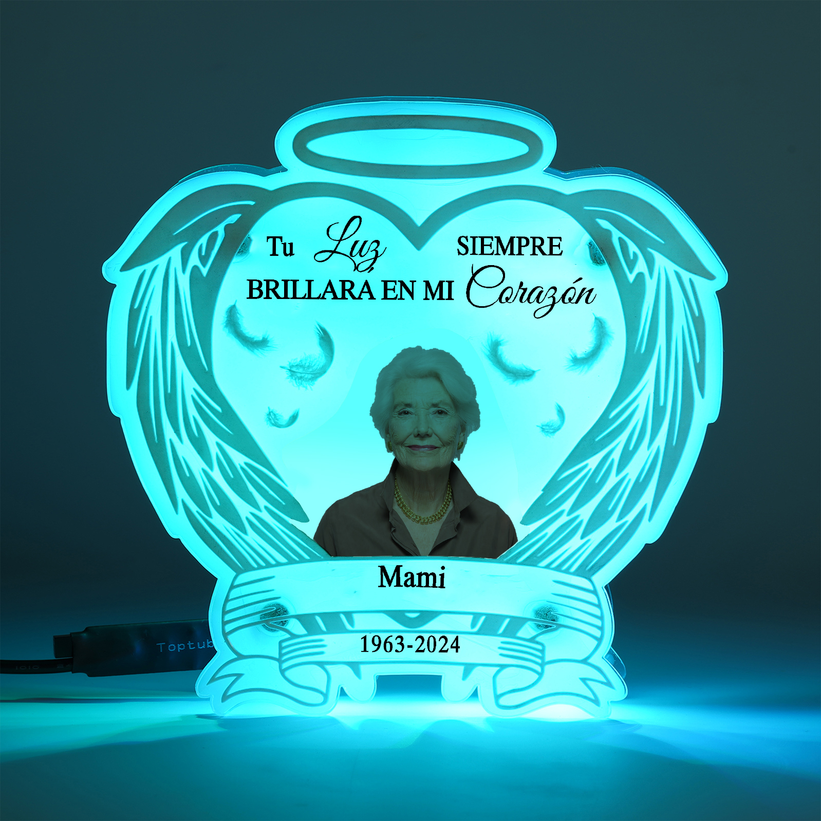 Lámpara en forma de alas con halo en memoria a un ser querido foto, nombre y años personalizados | Jessemade