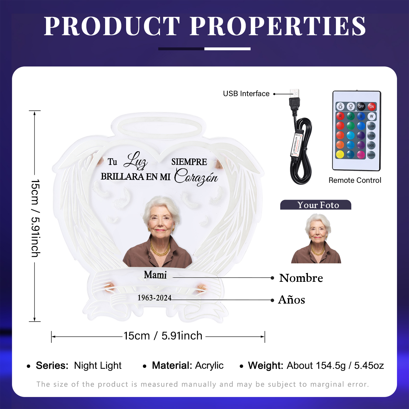 Lámpara en forma de alas con halo en memoria a un ser querido foto, nombre y años personalizados | Jessemade