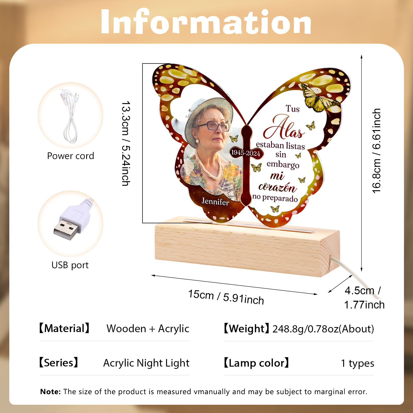 Lámpara en forma de mariposa en memoria a un ser querido nombre, año y foto personalizados | Jessemade