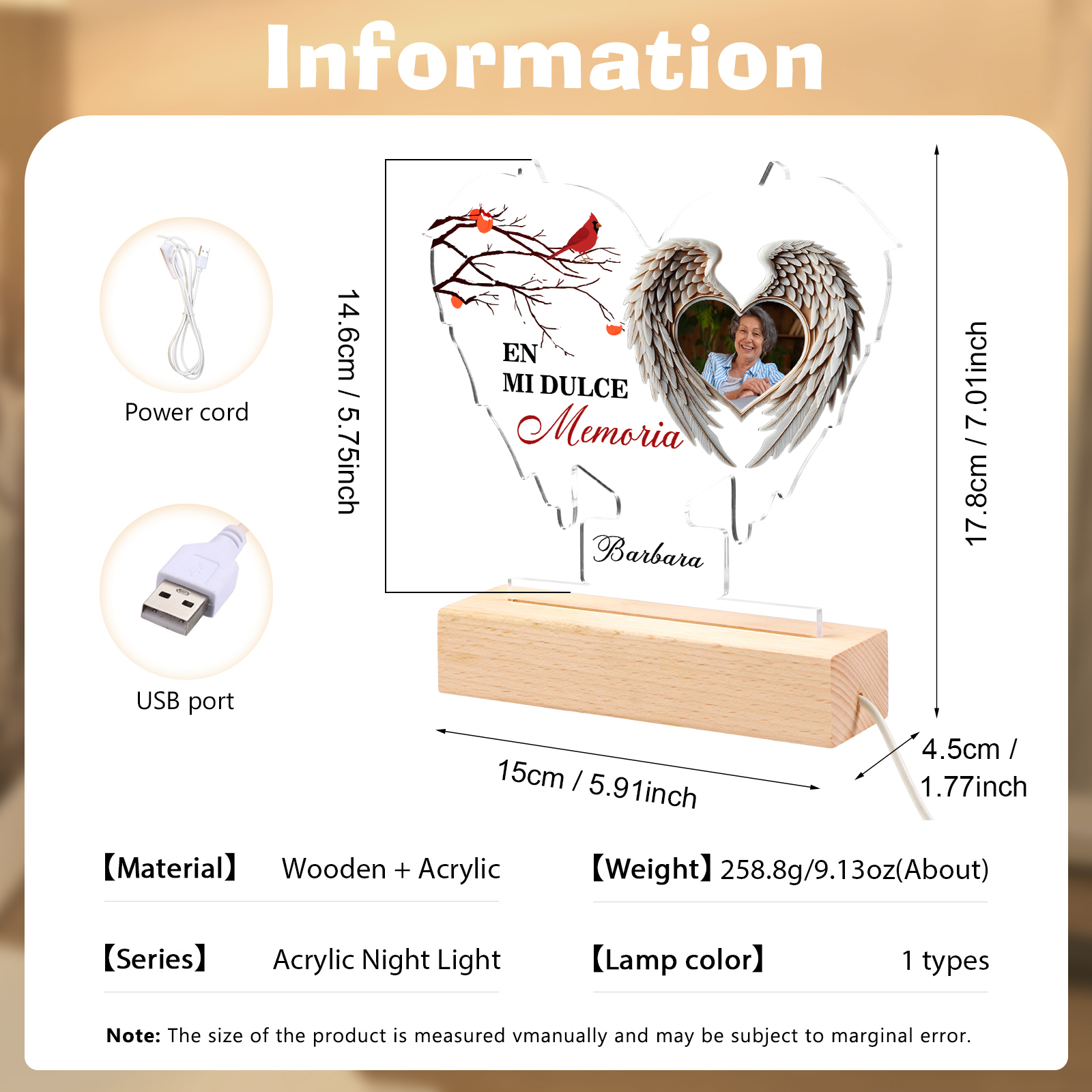 Lámpara en forma de alas en memoria a un ser querido foto y nombre personalizados | Jessemade