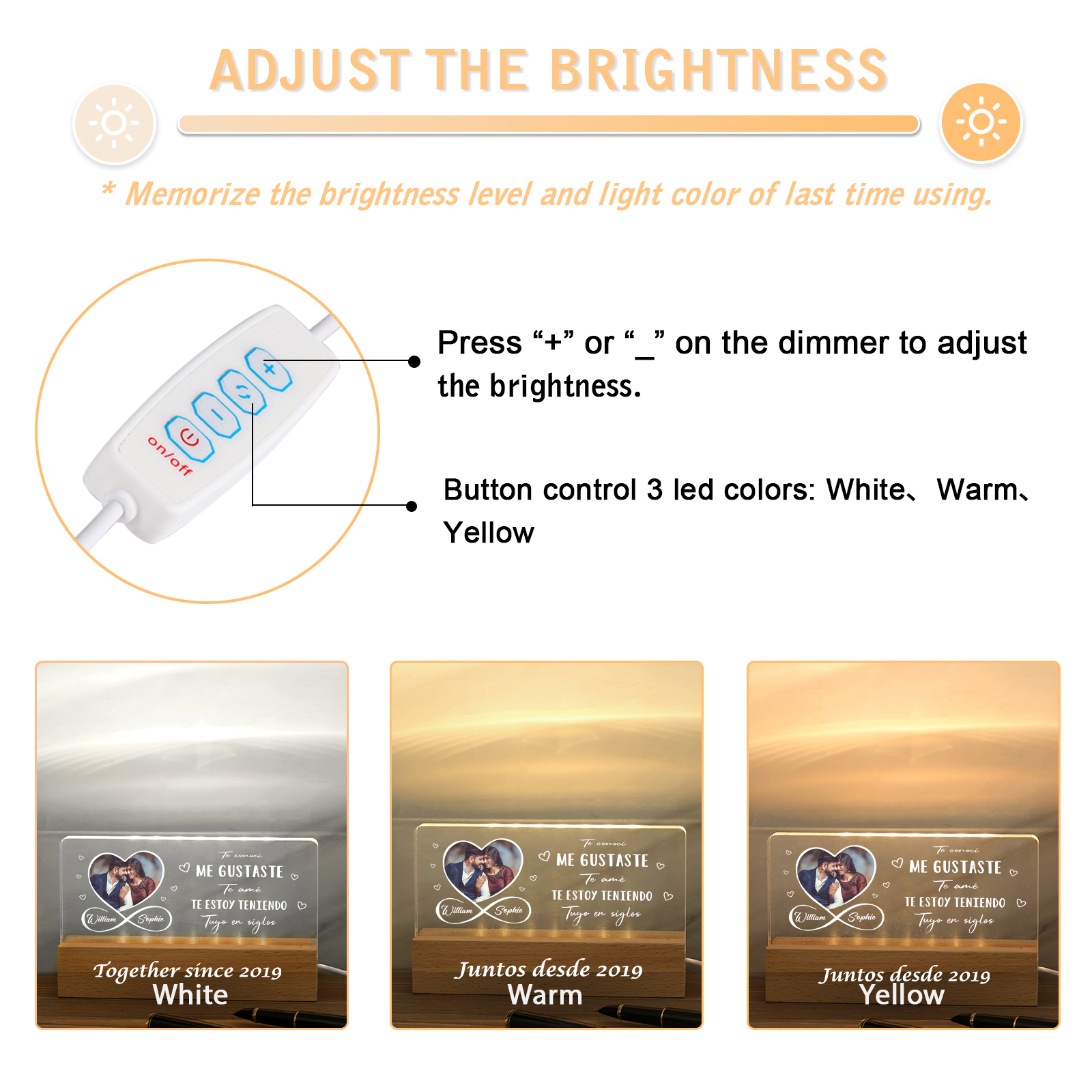 Pareja-Lámpara con frases amorosos con 2 nombres, foto y año personalizados | Jessemade