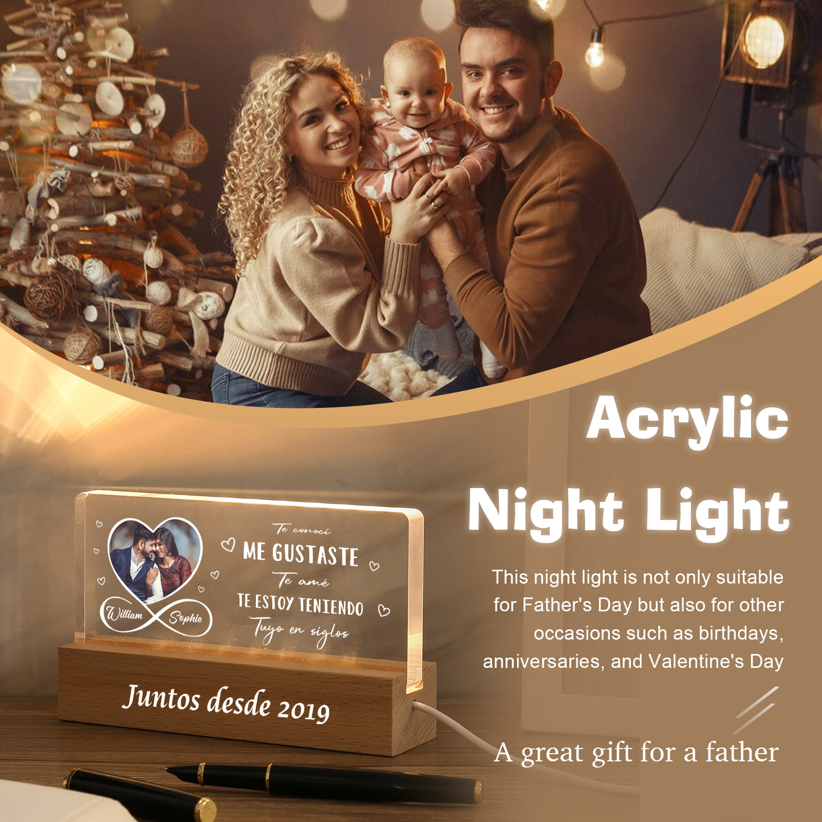 Pareja-Lámpara con frases amorosos con 2 nombres, foto y año personalizados | Jessemade