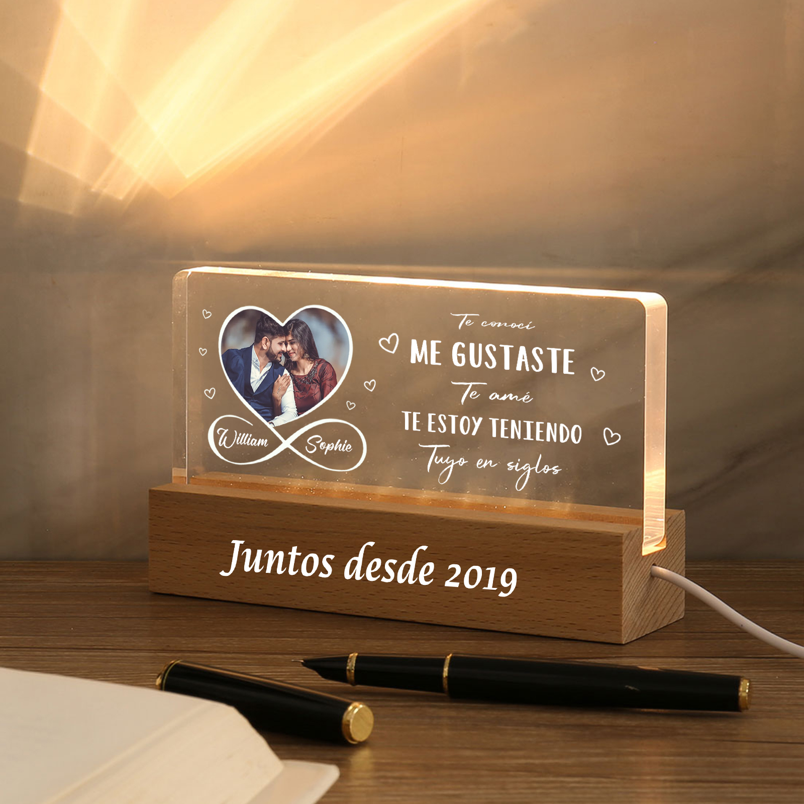 Pareja-Lámpara con frases amorosos con 2 nombres, foto y año personalizados | Jessemade