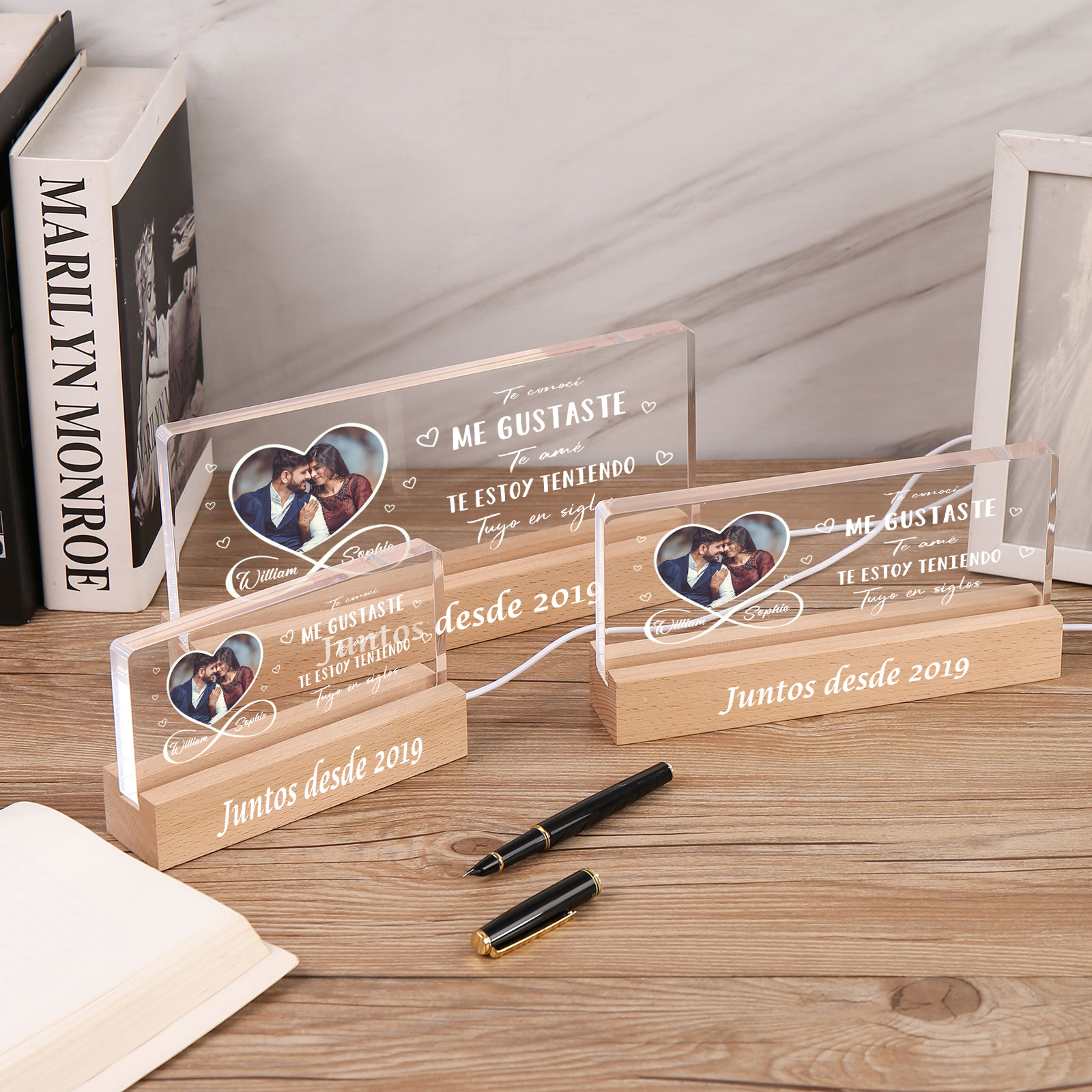 Pareja-Lámpara con frases amorosos con 2 nombres, foto y año personalizados | Jessemade