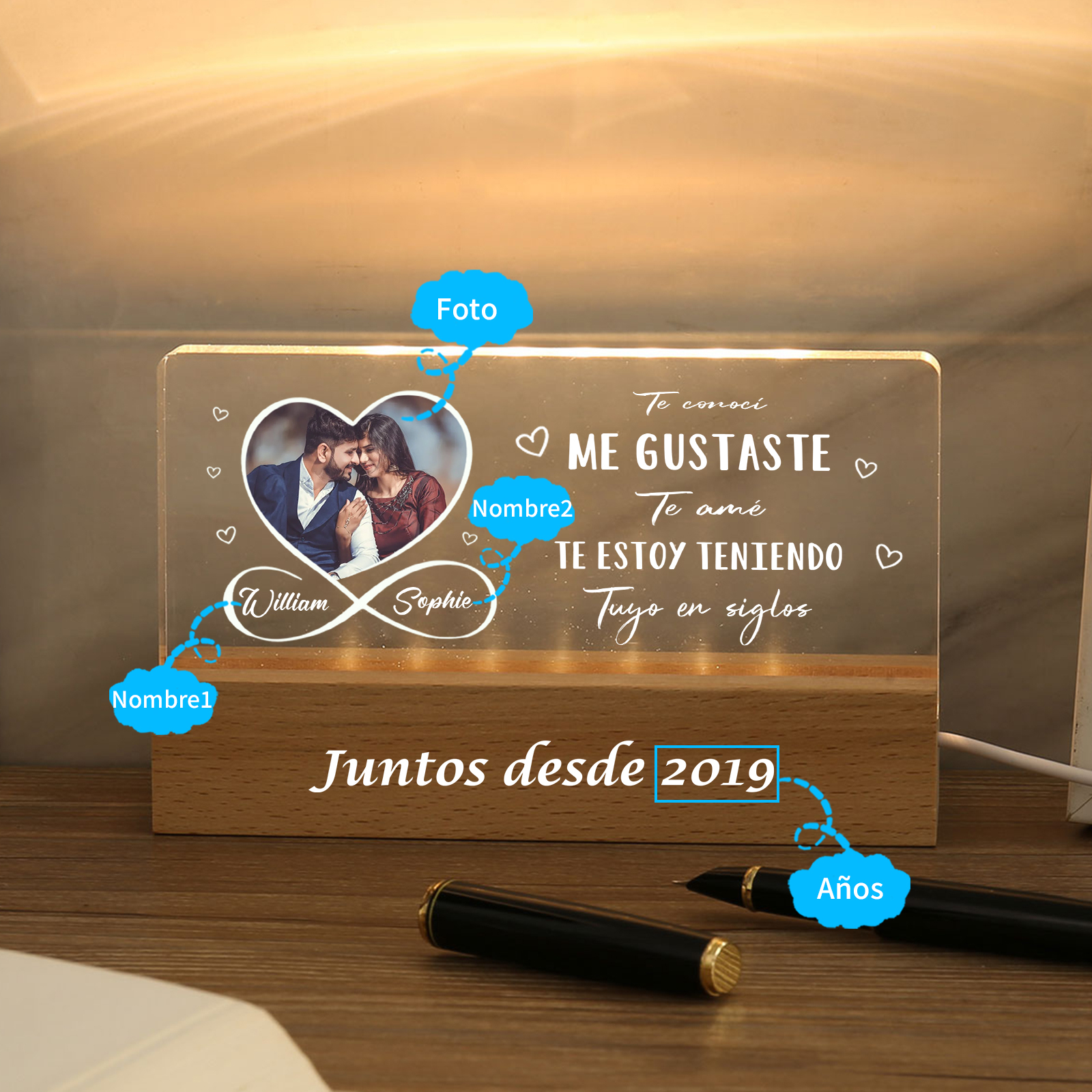 Pareja-Lámpara con frases amorosos con 2 nombres, foto y año personalizados | Jessemade