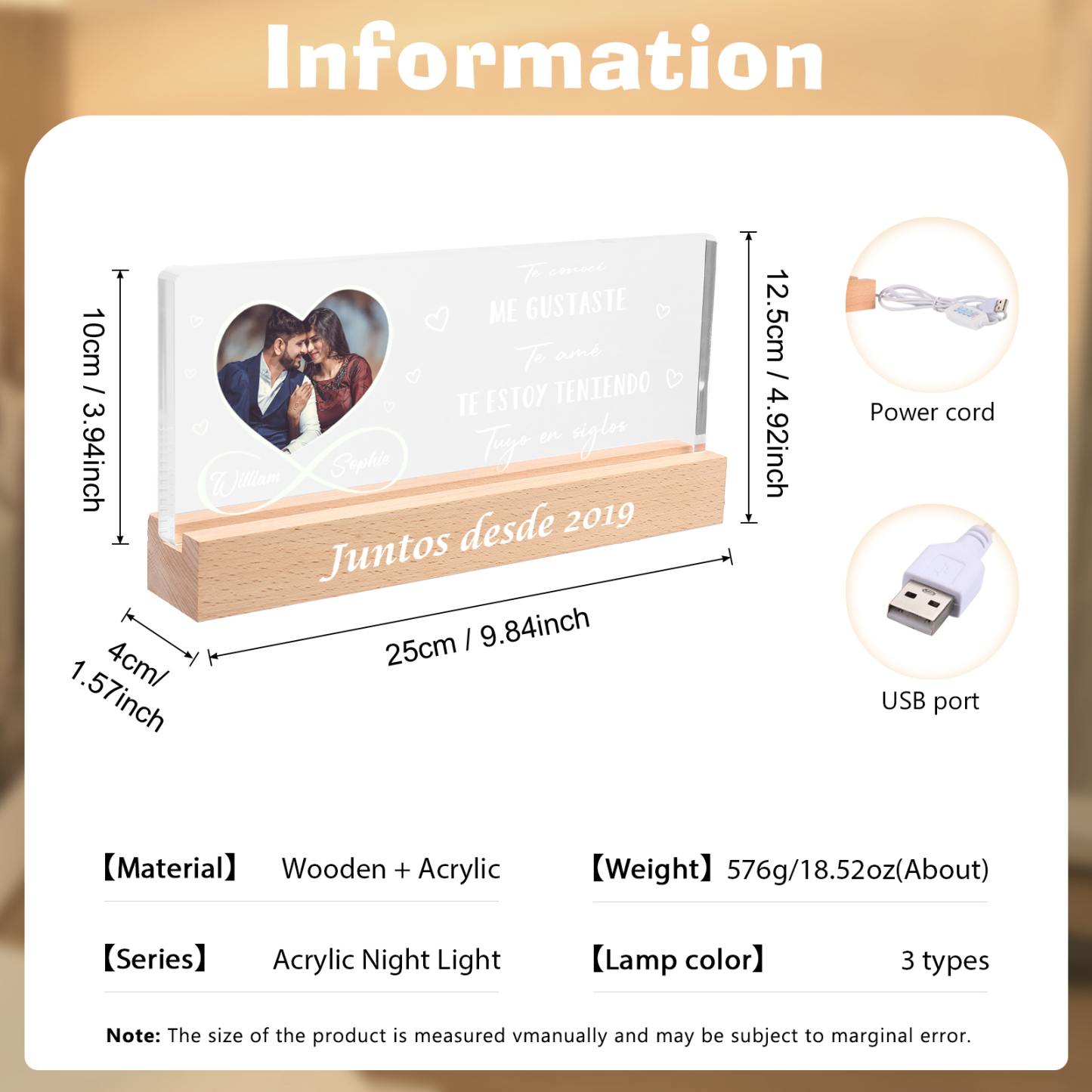 Pareja-Lámpara con frases amorosos con 2 nombres, foto y año personalizados | Jessemade