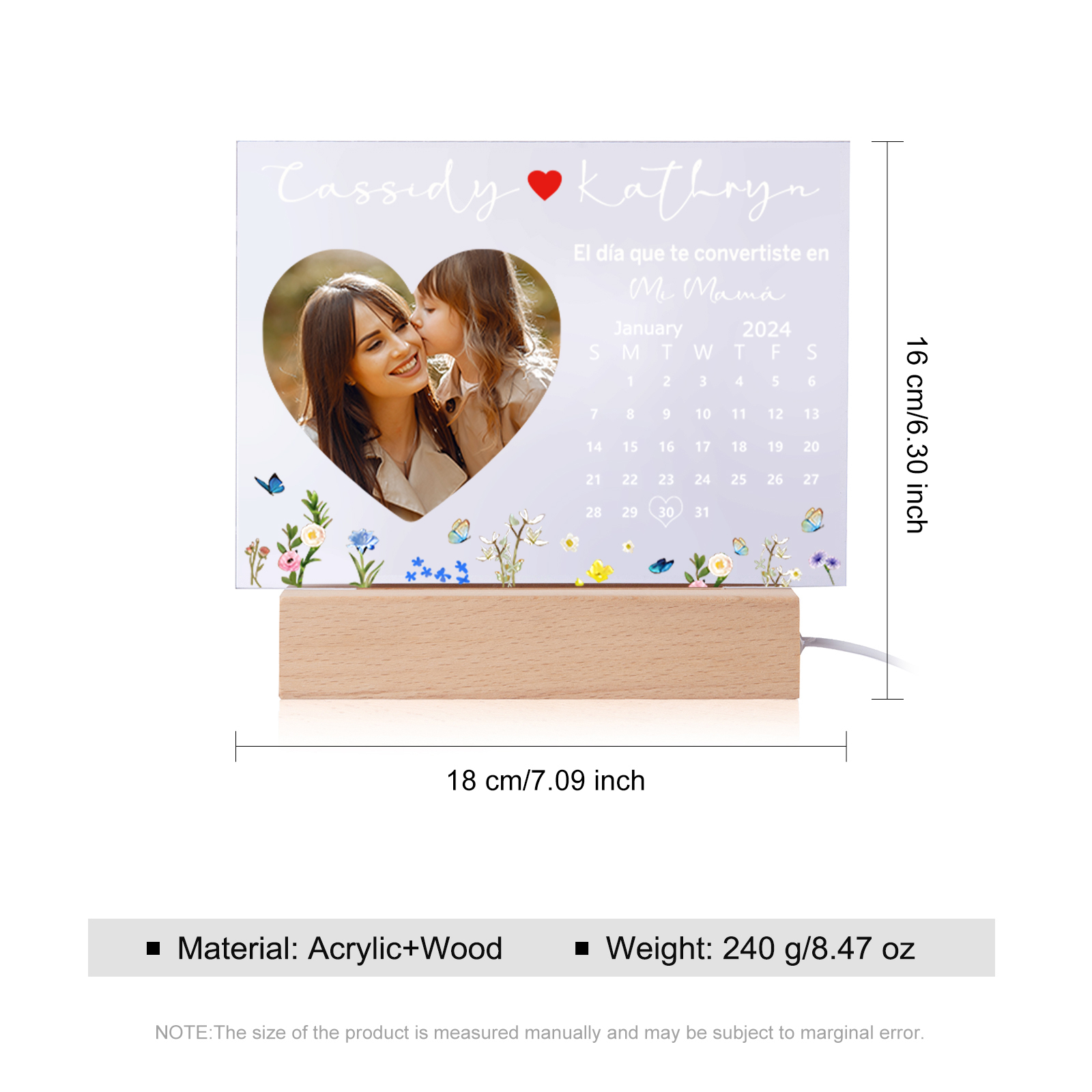 A mi mamá-Lámpara "el día convertida en mamá" Personalizada con 2 Nombres, Calendario y Foto | Jessemade