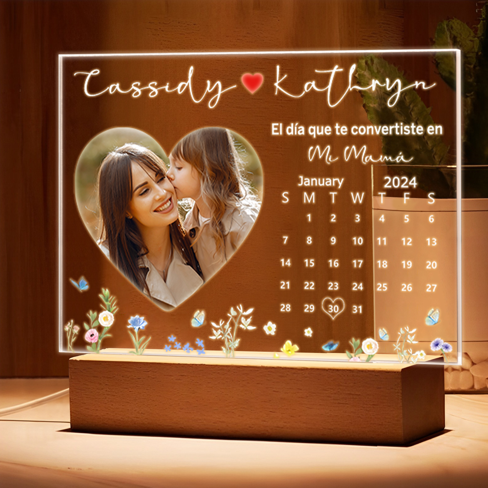 A mi mamá-Lámpara "el día convertida en mamá" Personalizada con 2 Nombres, Calendario y Foto | Jessemade
