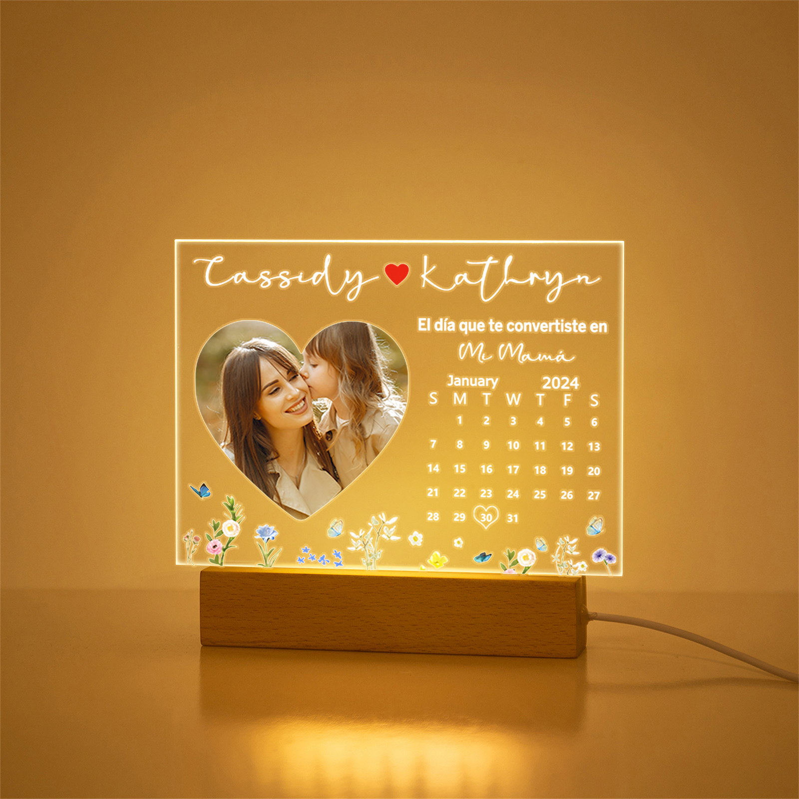 A mi mamá-Lámpara "el día convertida en mamá" Personalizada con 2 Nombres, Calendario y Foto | Jessemade