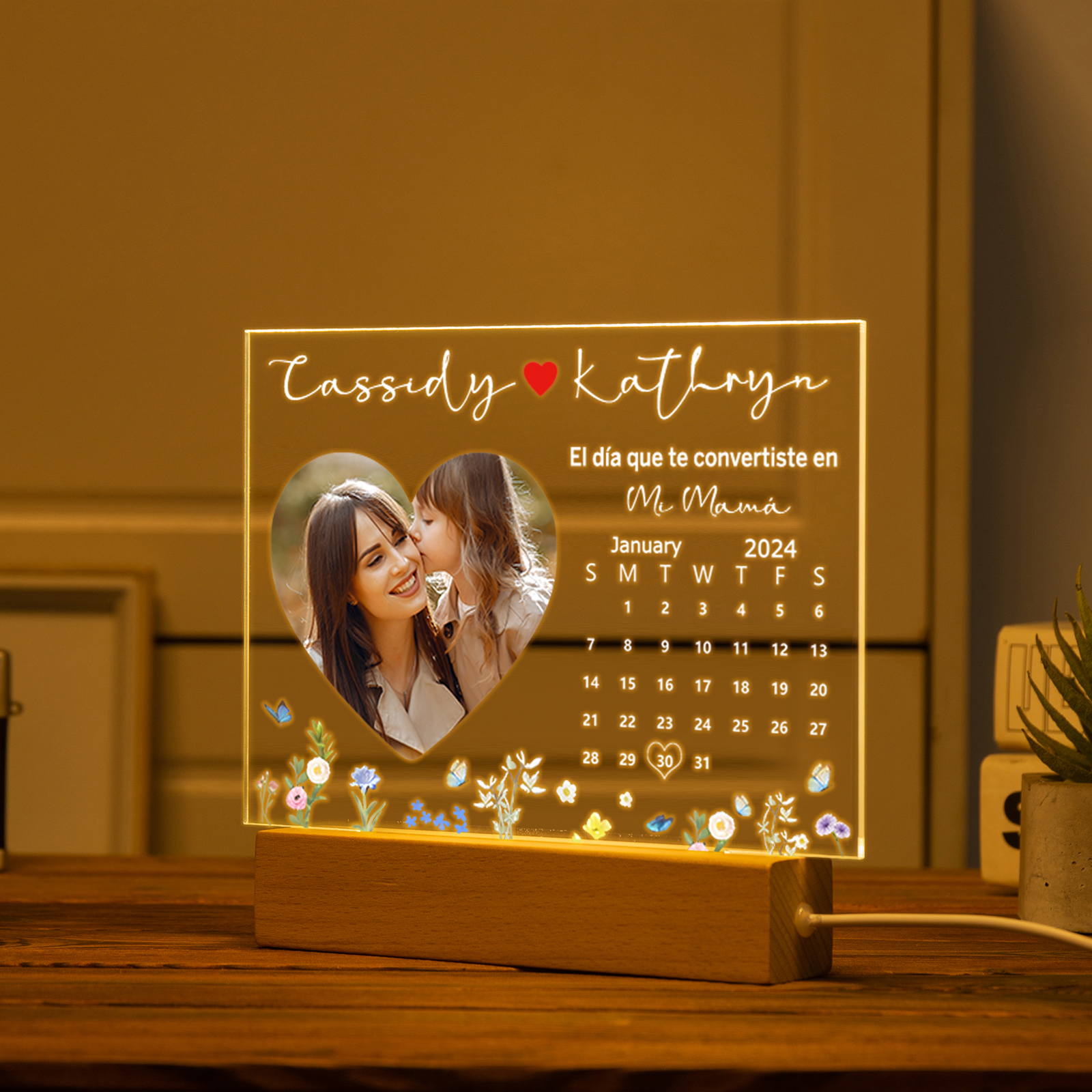 A mi mamá-Lámpara "el día convertida en mamá" Personalizada con 2 Nombres, Calendario y Foto | Jessemade