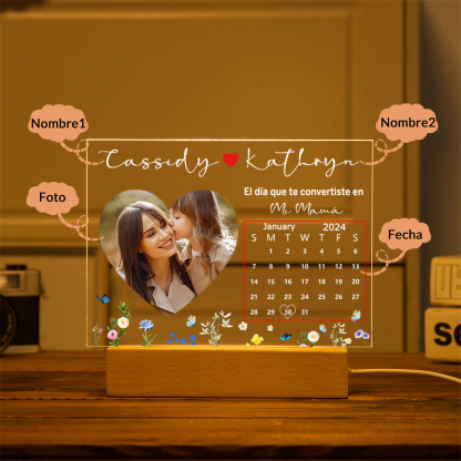 A mi mamá-Lámpara "el día convertida en mamá" Personalizada con 2 Nombres, Calendario y Foto | Jessemade