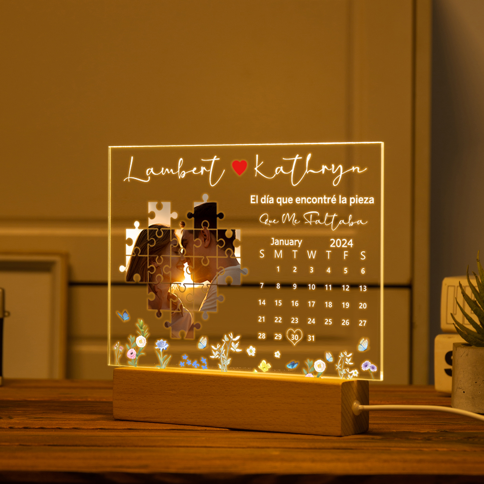 Pareja-Lámpara "pieza faltada" 2 nombres, calendario y foto personalizados | Jessemade