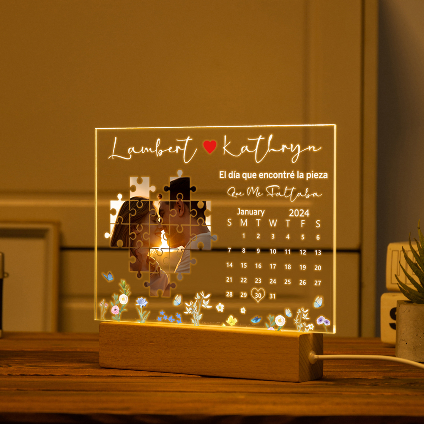Pareja-Lámpara "pieza faltada" 2 nombres, calendario y foto personalizados | Jessemade