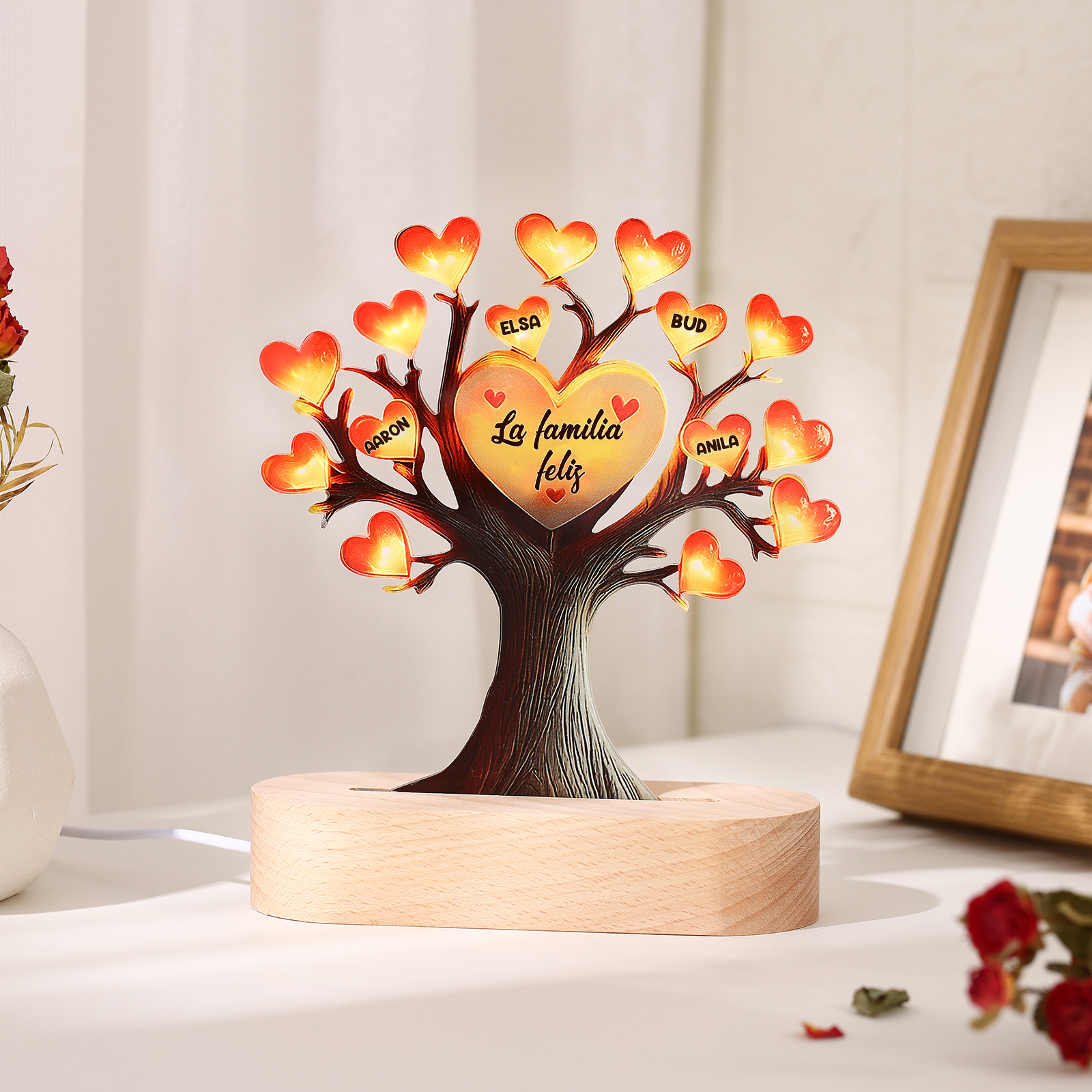 Lámpara Árbol Personalizado con Corazones – Regalo para Mamá o Abuela con 4 Nombres y Texto | Jessemade ES