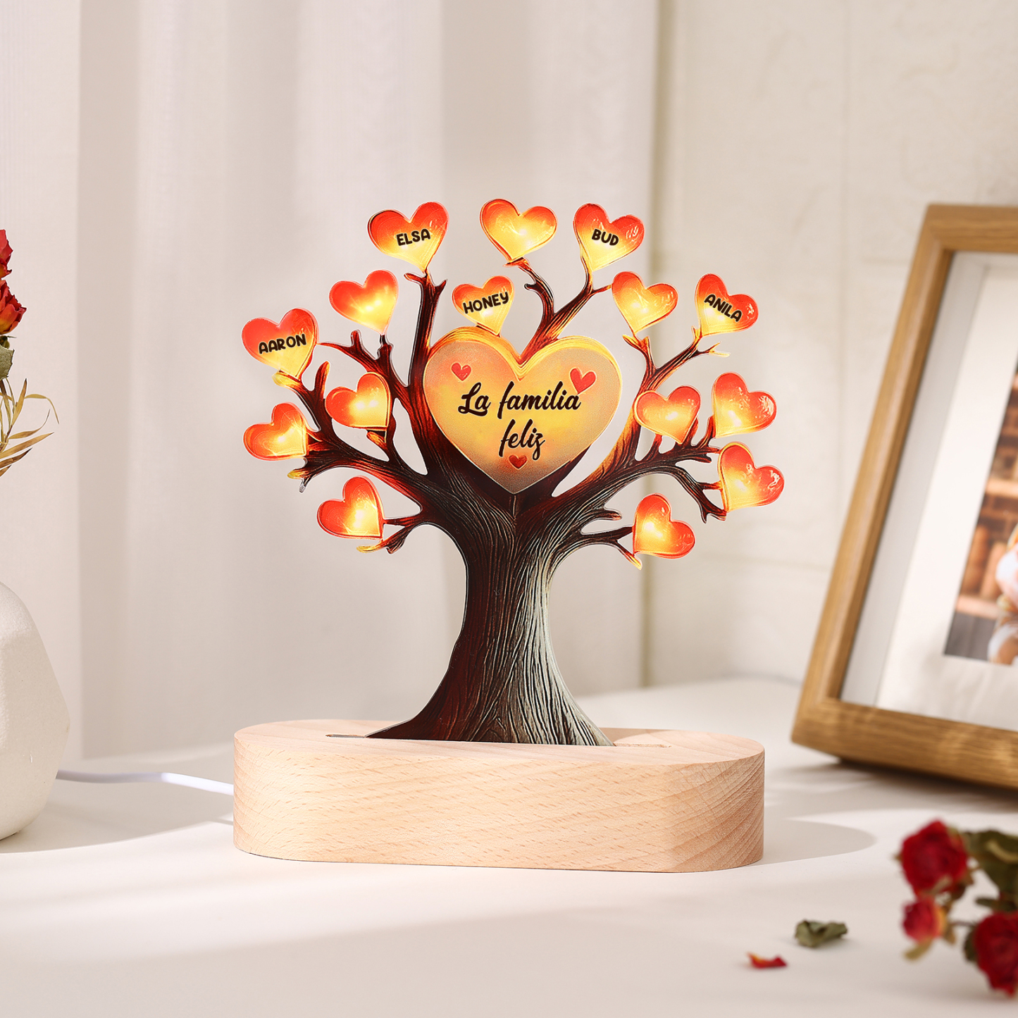 Lámpara Árbol Personalizado con Corazones – Regalo para Mamá o Abuela con 5 Nombres y Texto | Jessemade ES