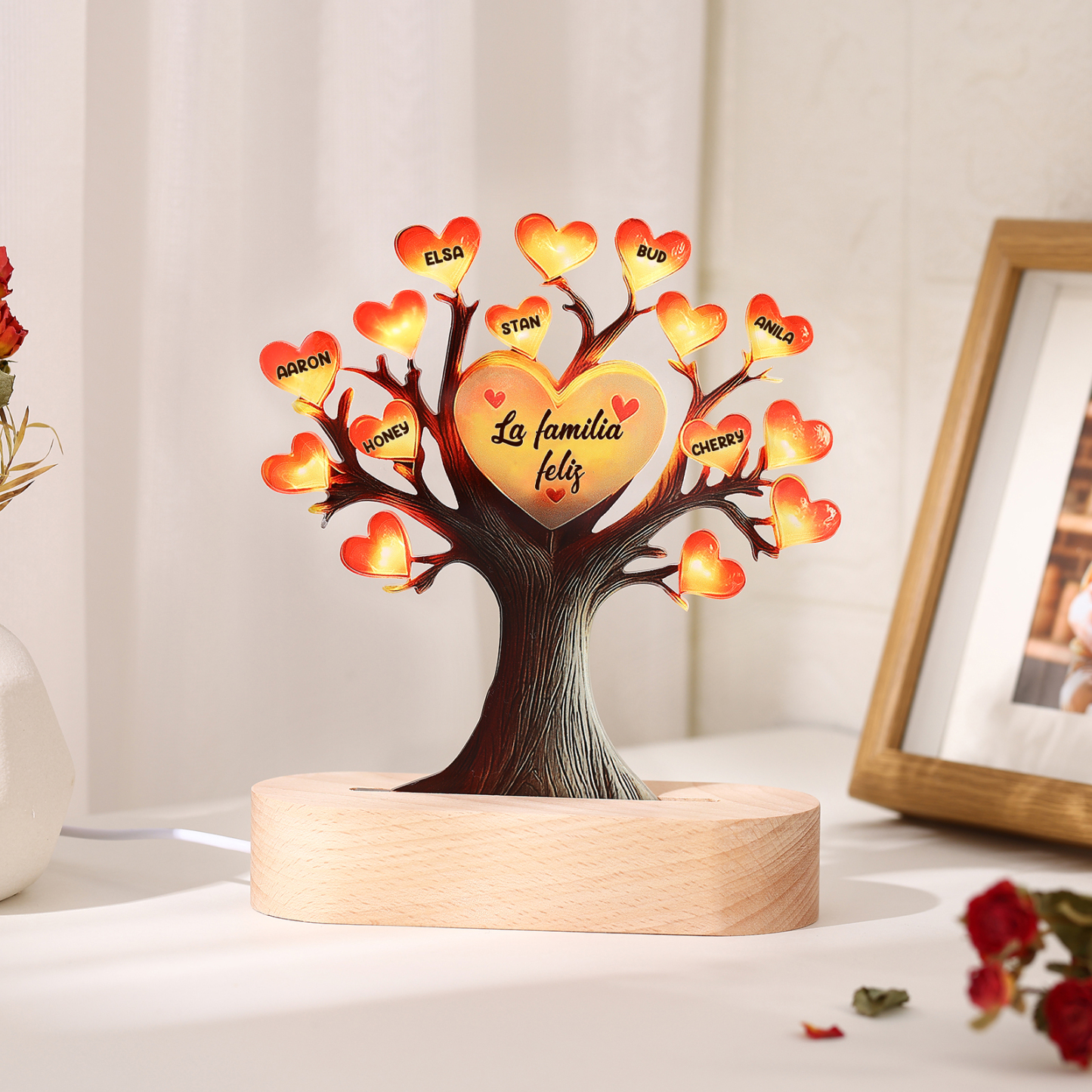 Lámpara Árbol Personalizado con Corazones – Regalo para Mamá o Abuela con 7 Nombres y Texto | Jessemade ES