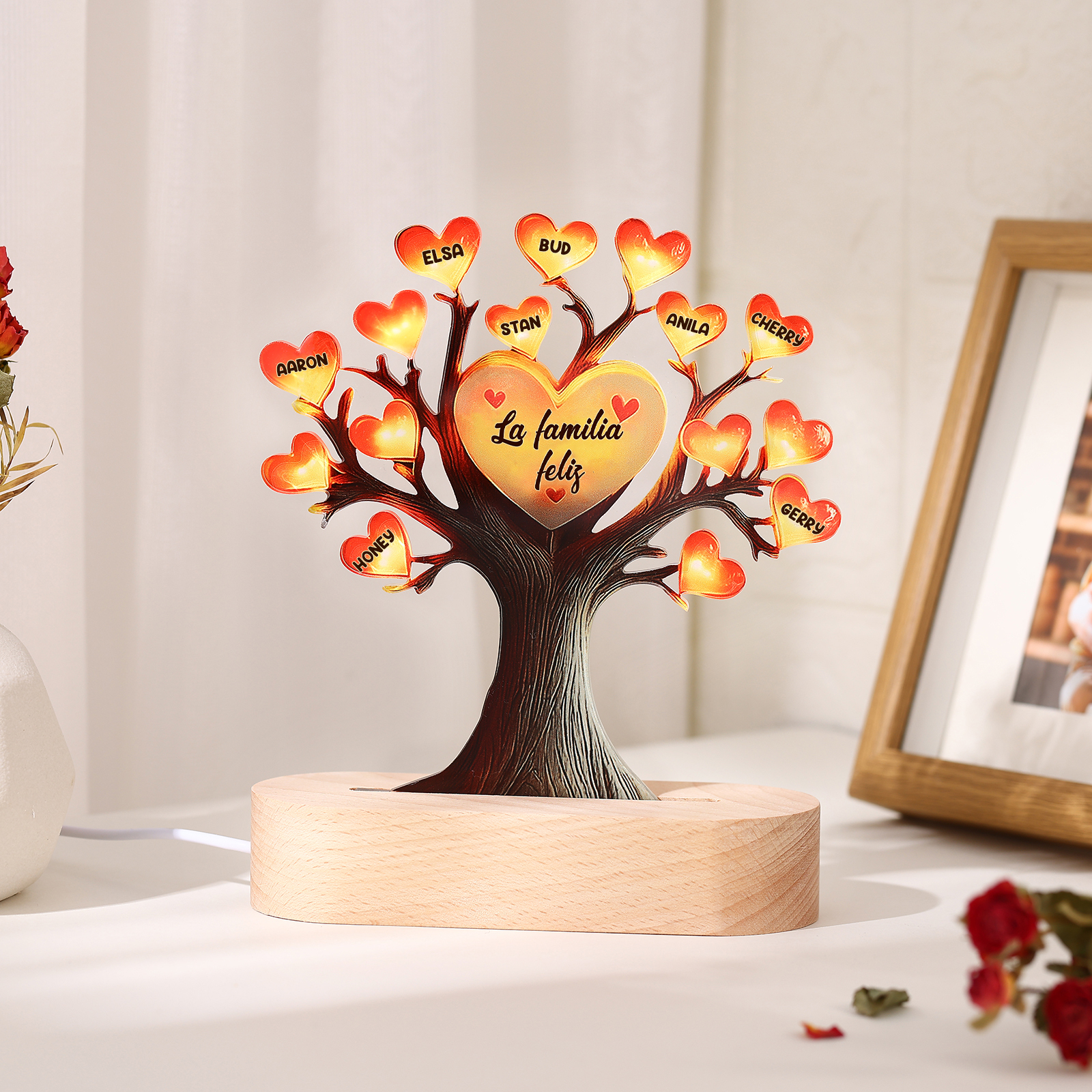 Lámpara Árbol Personalizado con Corazones – Regalo para Mamá o Abuela con 8 Nombres y Texto | Jessemade ES