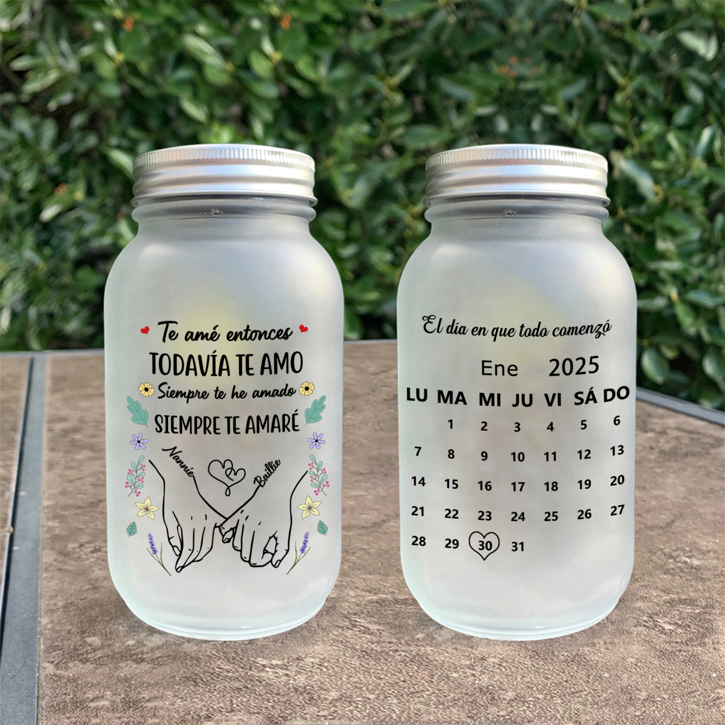 Lámpara solar en tarro Mason con calendario personalizado para parejas