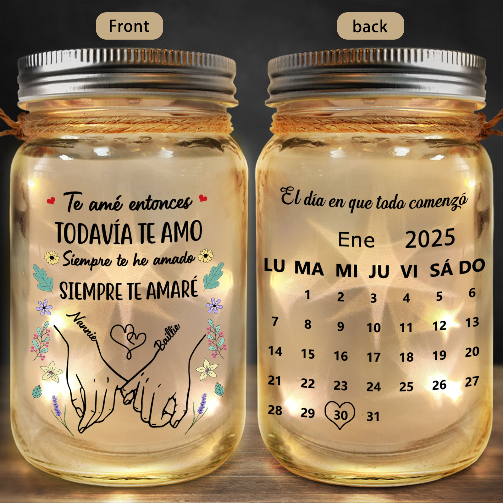 Lámpara solar en tarro Mason con calendario personalizado para parejas