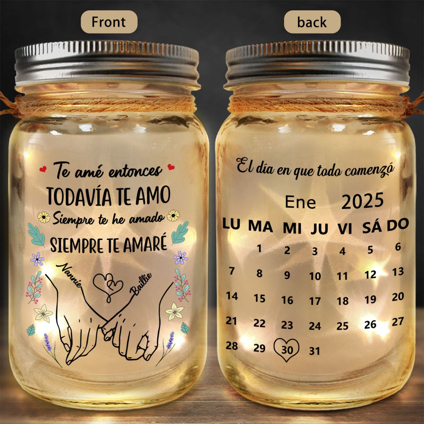 Lámpara solar en tarro Mason con calendario personalizado para parejas