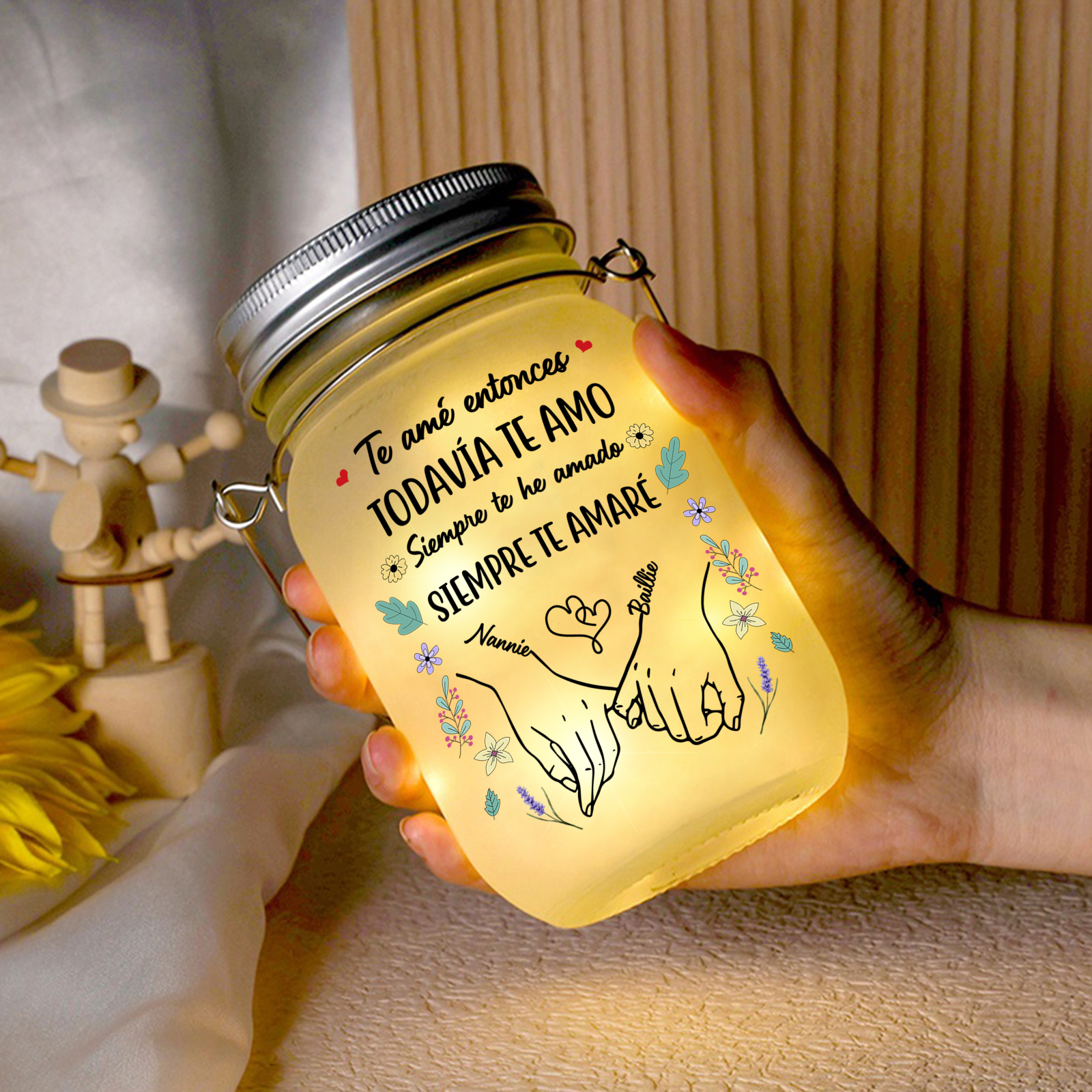 Lámpara solar en tarro Mason con calendario personalizado para parejas