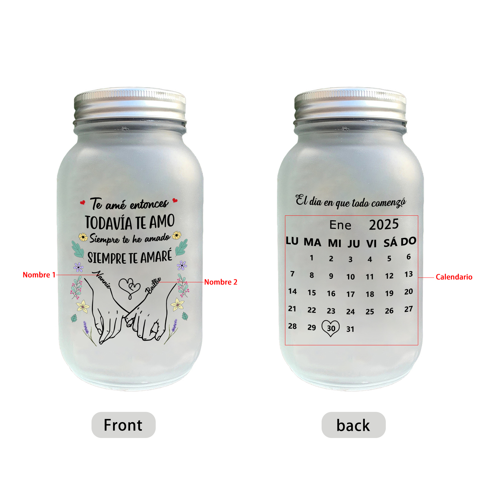 Lámpara solar en tarro Mason con calendario personalizado para parejas