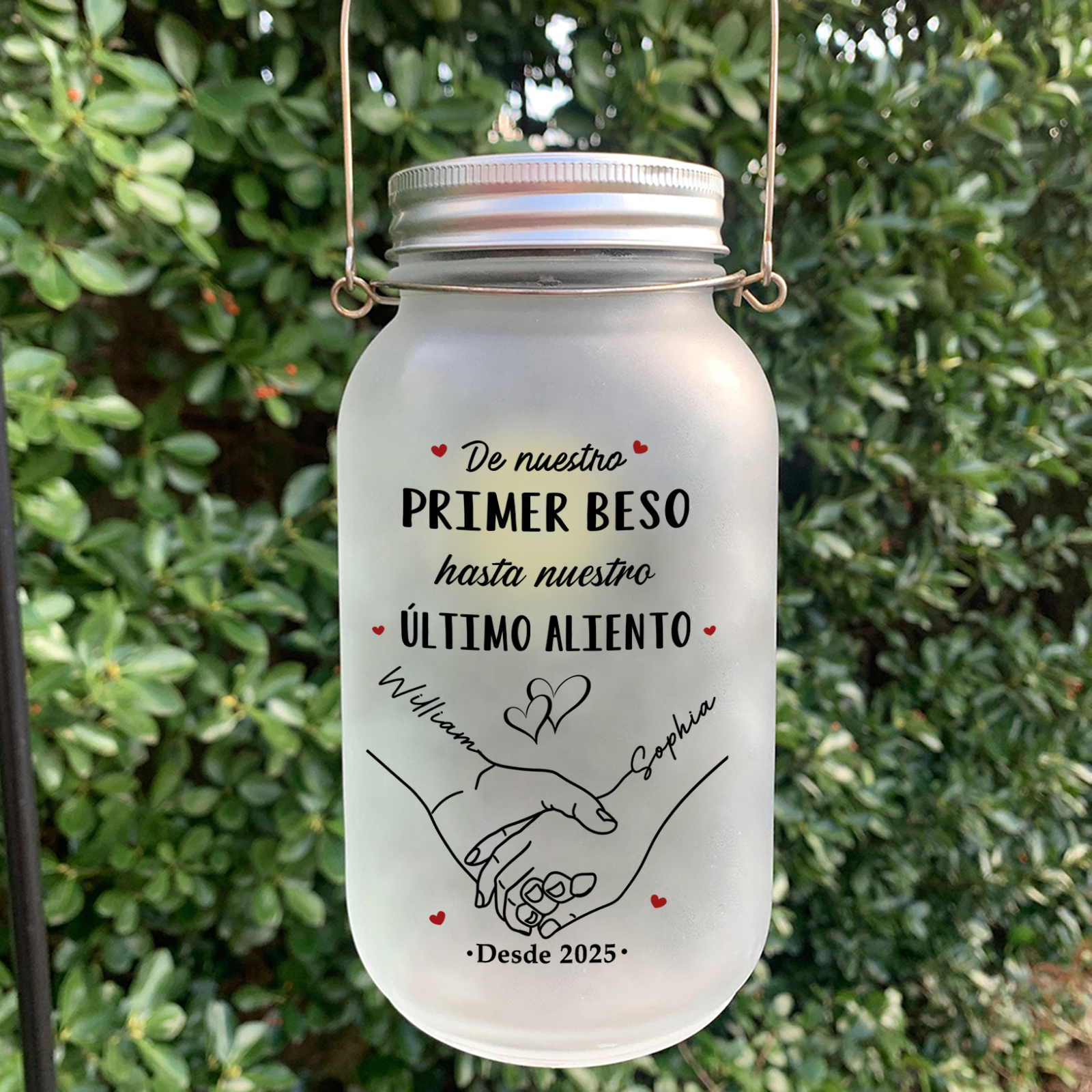 Tarro solar tipo Mason personalizado con parejas cogidas de la mano