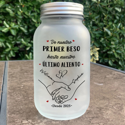 Tarro solar tipo Mason personalizado con parejas cogidas de la mano