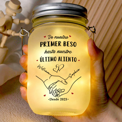 Luz nocturna LED en tarro Mason personalizable con nombres y fecha, lámpara de mesilla, regalo de San Valentín y aniversario para parejas, marido y mujer | Jessemade