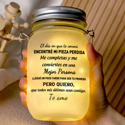 Tarro Mason solar personalizado con diseño de pareja de piezas de puzle