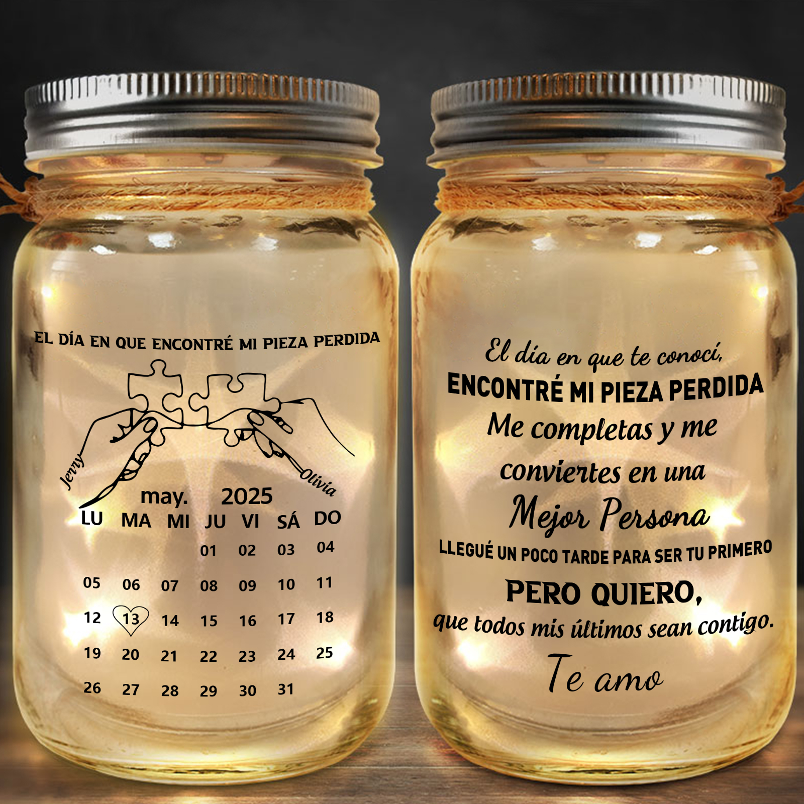 Tarro Mason solar personalizado con diseño de pareja de piezas de puzle