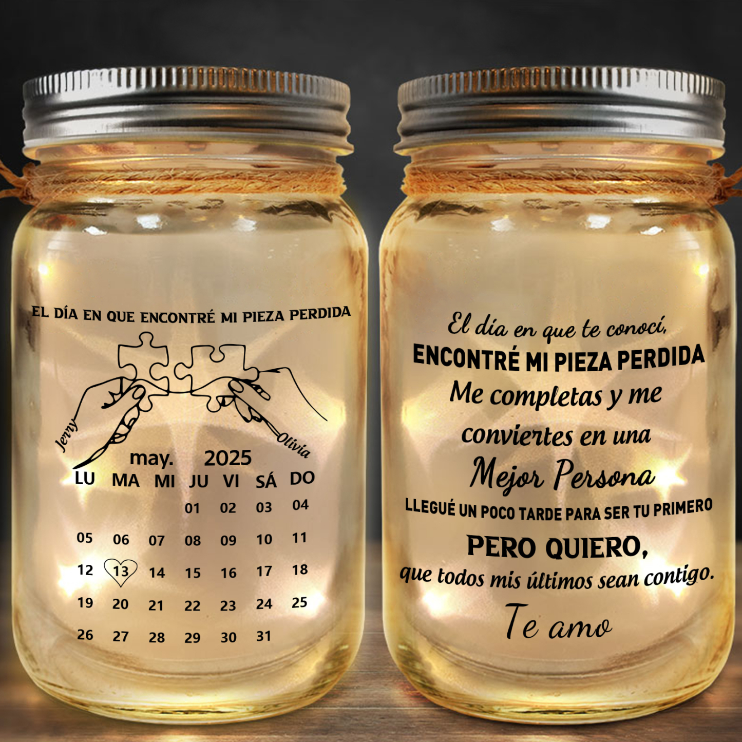 Lámpara LED en tarro de cristal tipo Mason personalizada con fecha de calendario personalizable, regalo de aniversario o de San Valentín para parejas | Jessemade