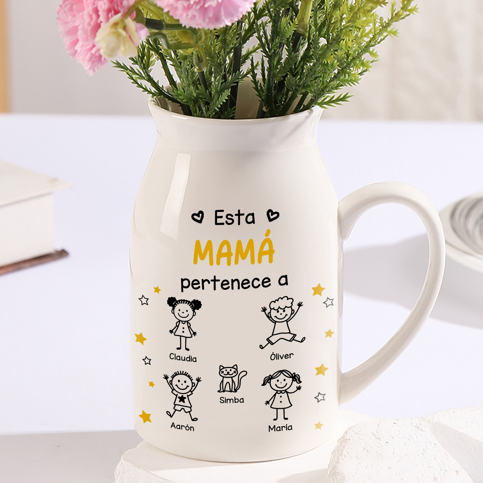 Jarrón de cerámica personalizado para la abuela o la mamá, con 1 a 10 nombres y figuritas de niños personalizadas