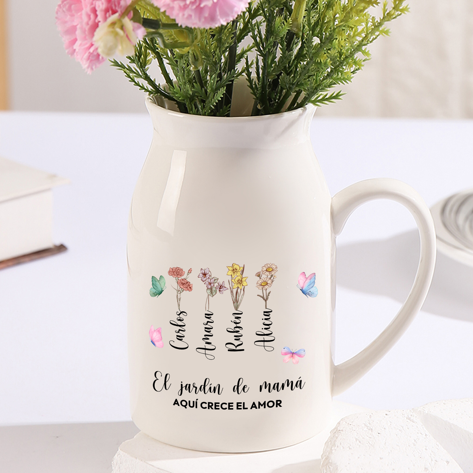 Jarrón personalizado con 1-10 nombres y 2 textos. Jarrón de cerámica con motivo de flores y mariposas.
