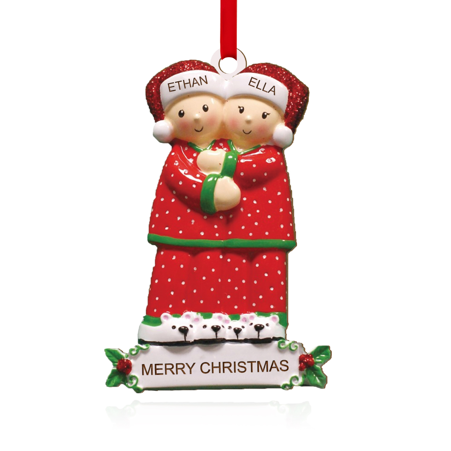 Navidad-Ornamento con muñecos de madera familia en rojo 2 nombres y texto personalizados | Jessemade