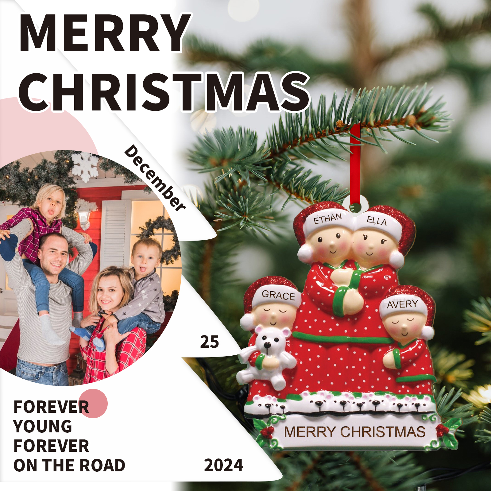 Navidad-Ornamento con muñecos de madera familia en rojo 4 nombres y texto personalizados | Jessemade