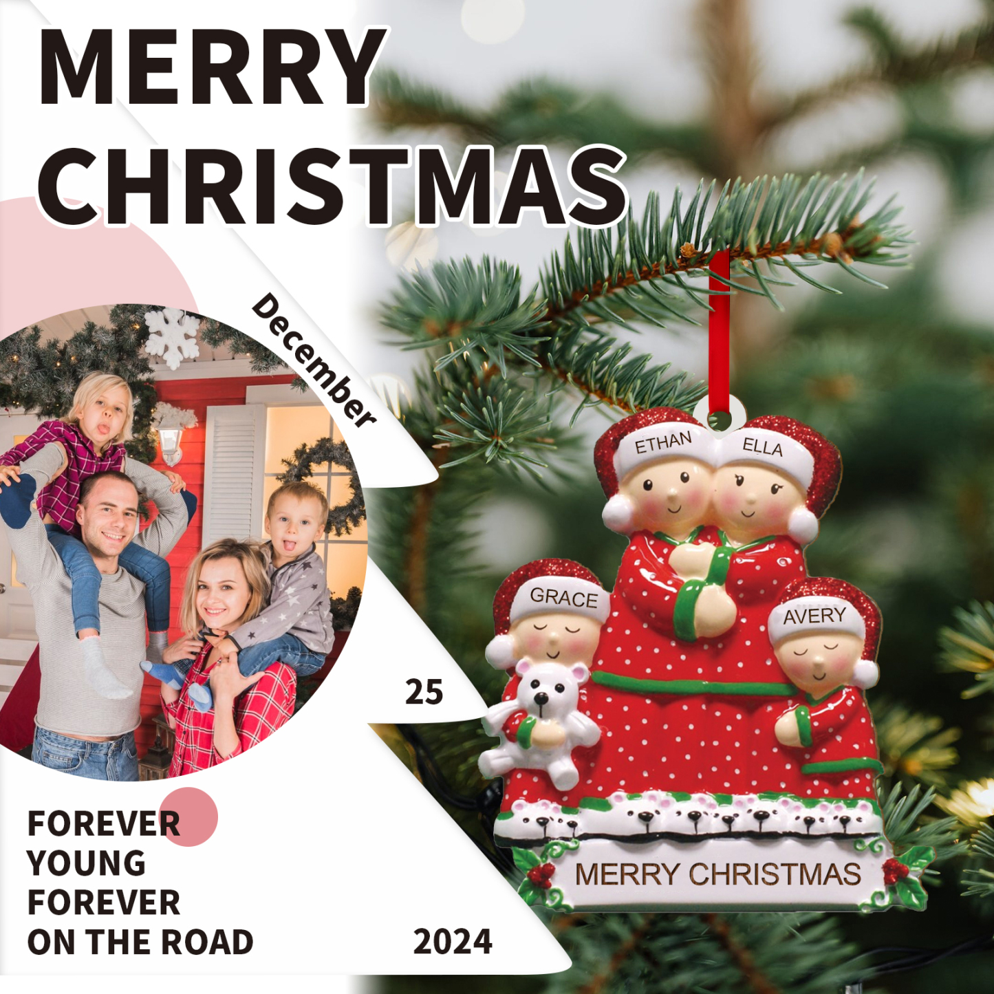 Navidad-Ornamento con muñecos de madera familia en rojo 4 nombres y texto personalizados | Jessemade