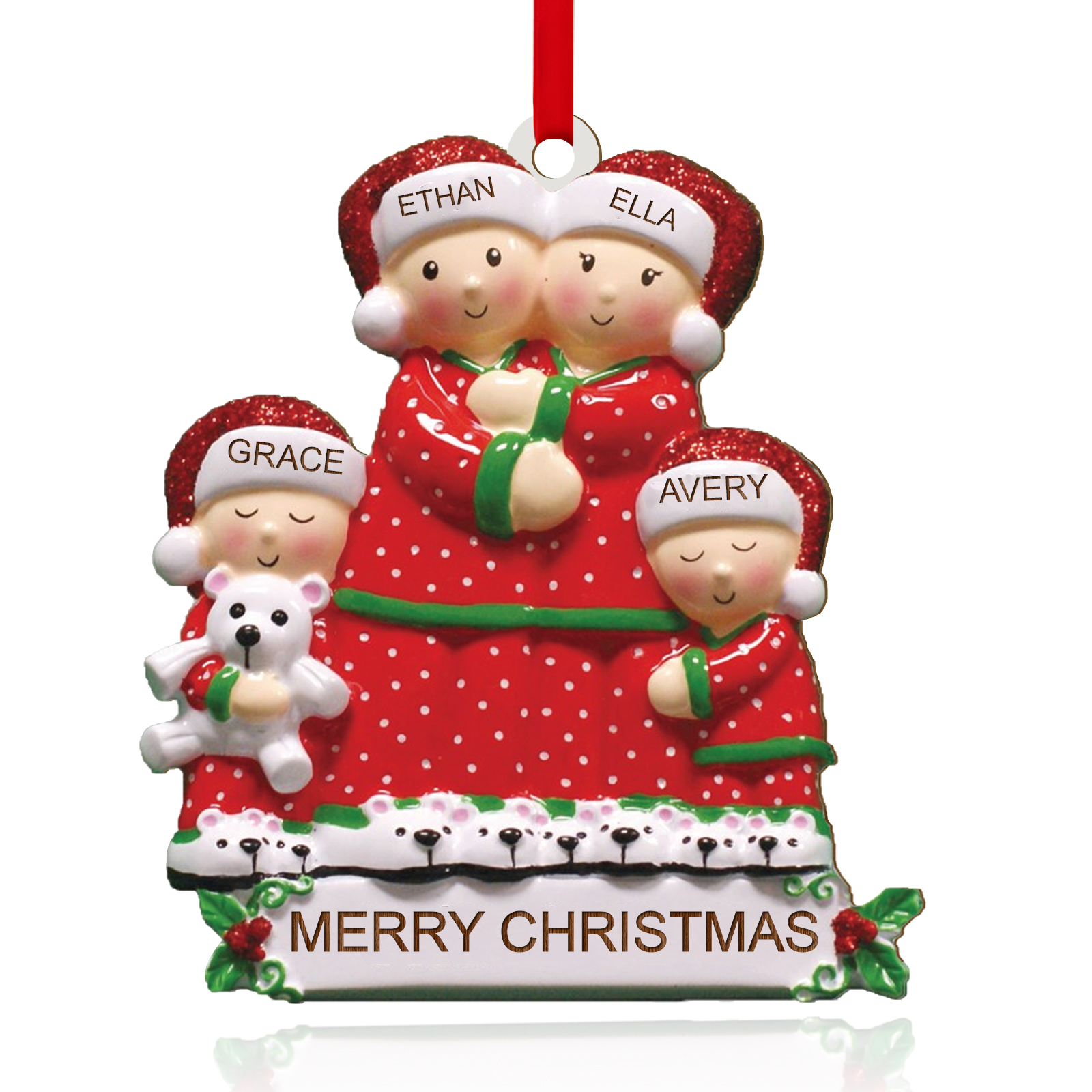 Navidad-Ornamento con muñecos de madera familia en rojo 4 nombres y texto personalizados | Jessemade