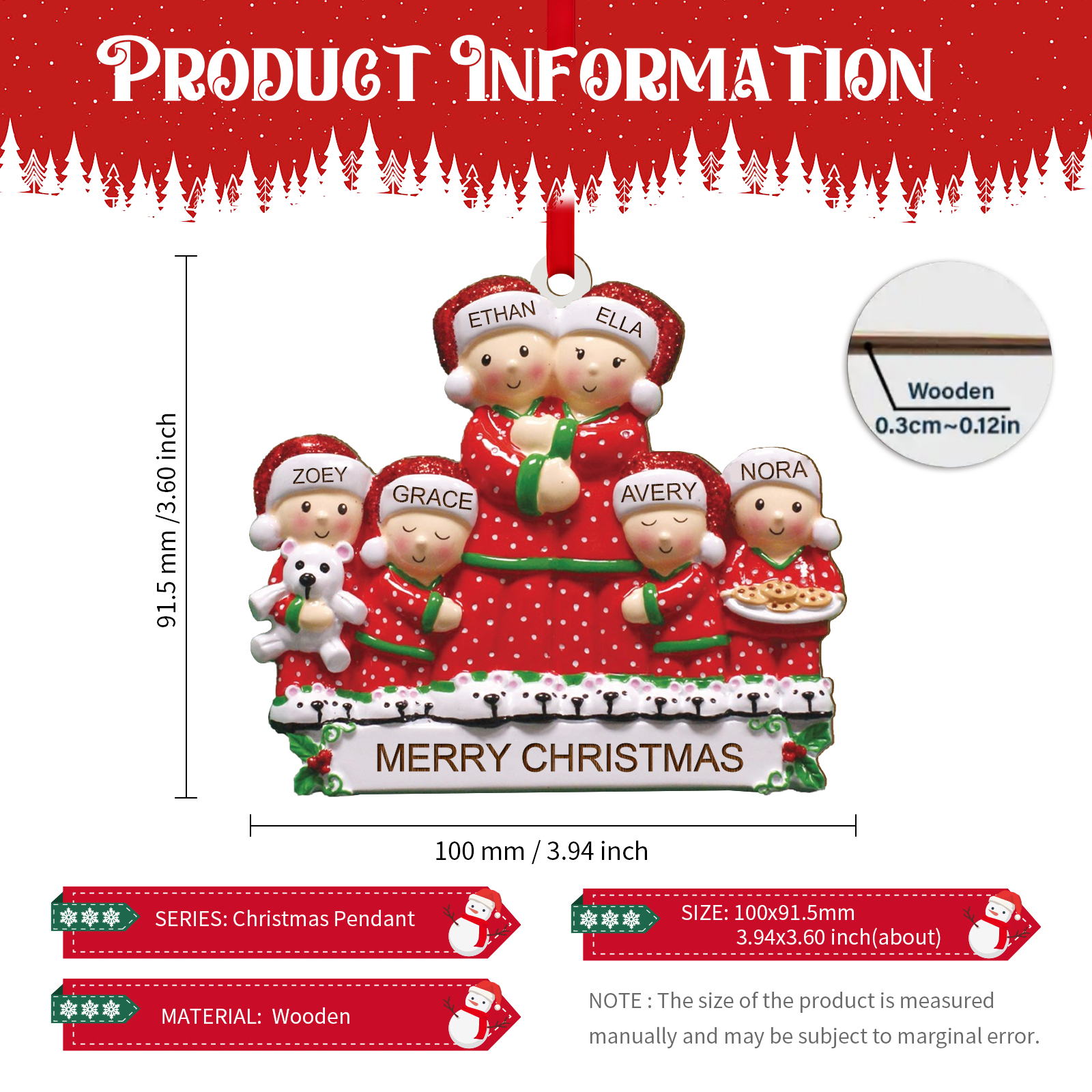 Navidad-Ornamento con muñecos de madera familia en rojo 6 nombres y texto personalizados | Jessemade