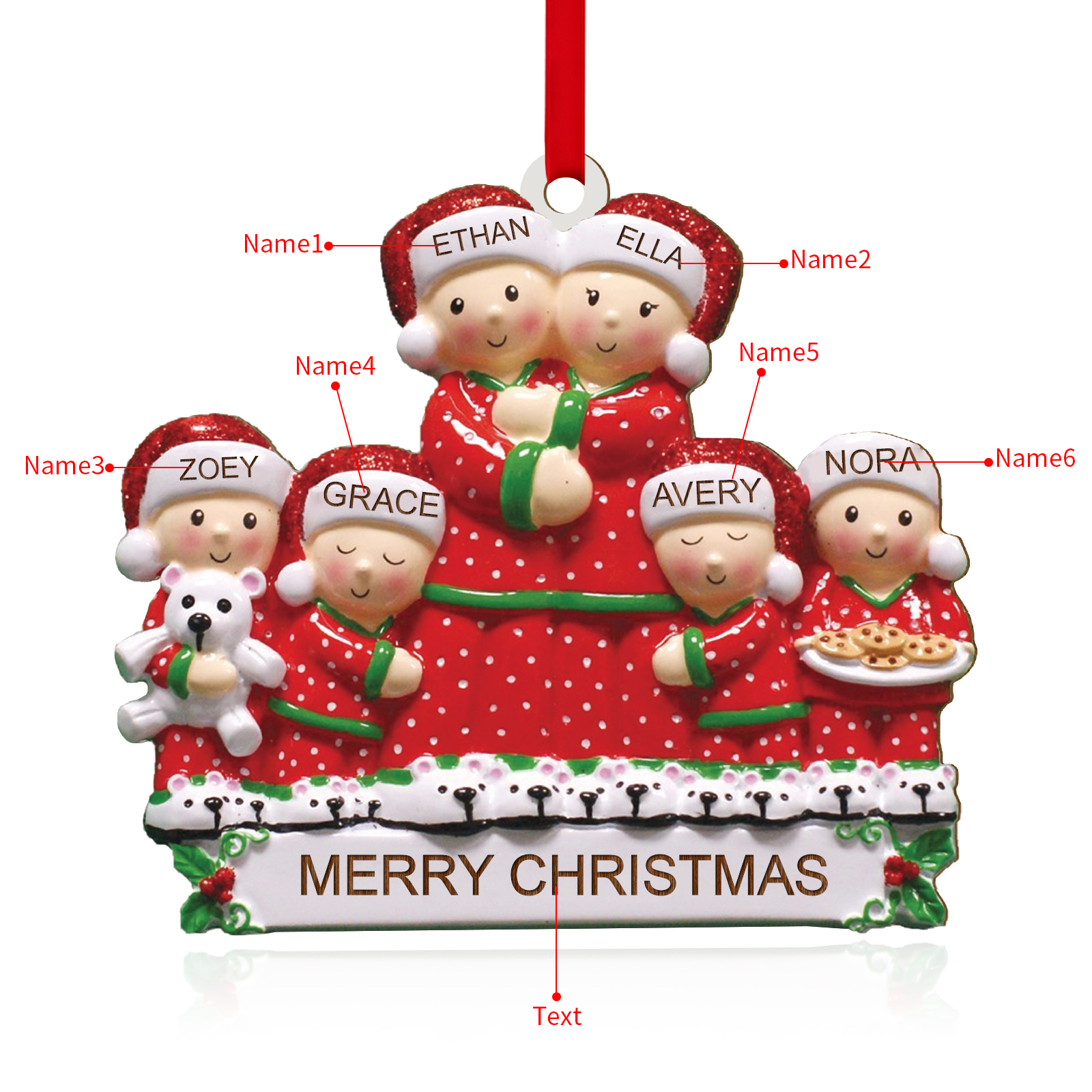 Navidad-Ornamento con muñecos de madera familia en rojo 6 nombres y texto personalizados | Jessemade