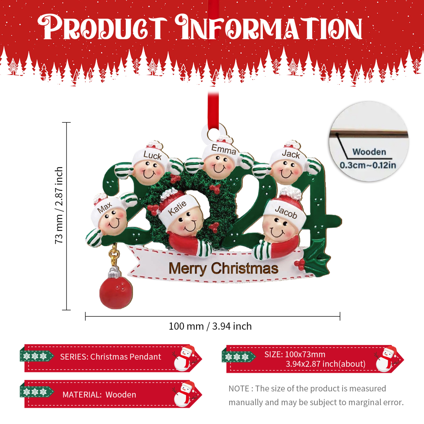 Navidad-Ornamento con muñecos de madera 2024 6 nombres y texto personalizados | Jessemade