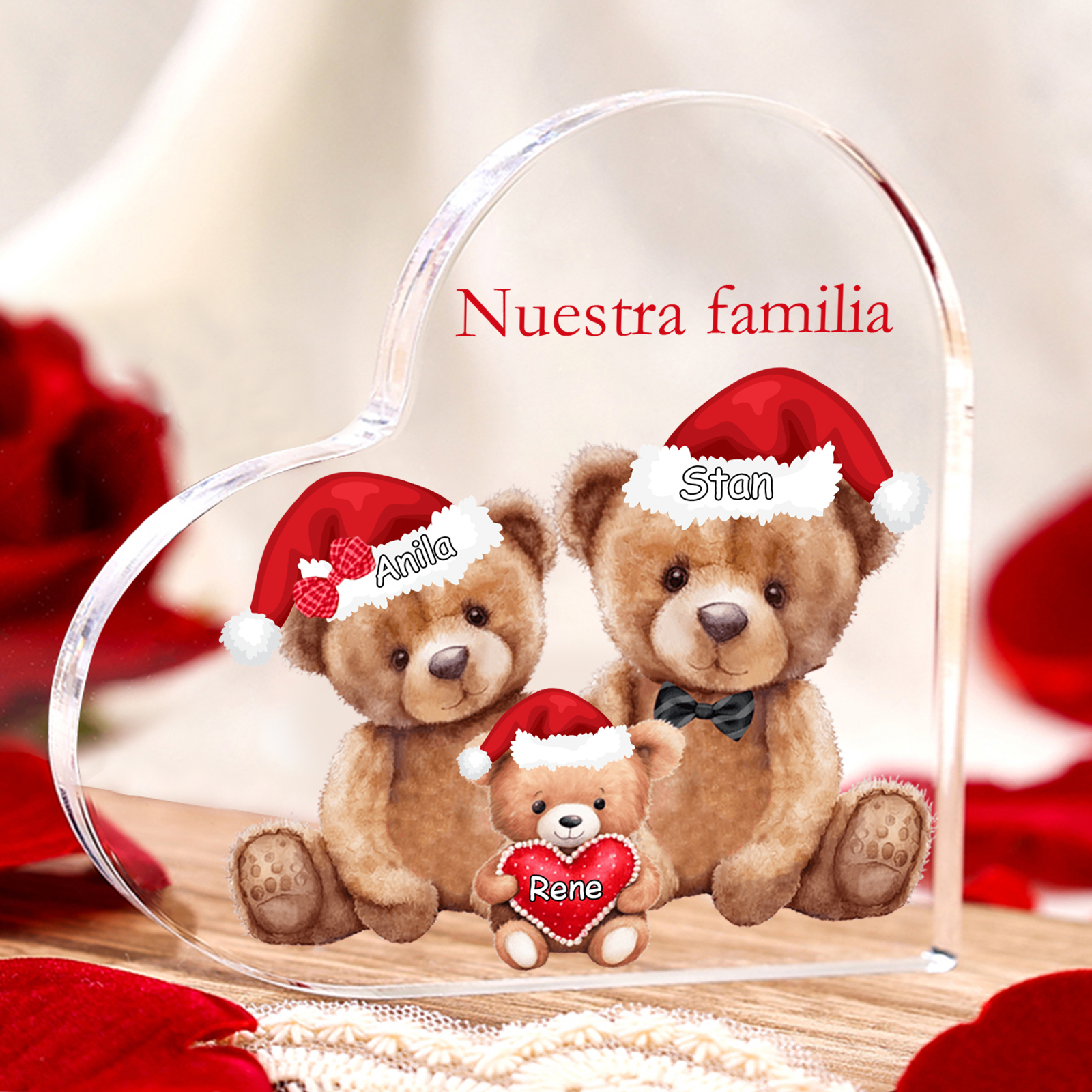 A familia-Placa de acrílico en forma de corazón Feliz Navidad familia de osos 3 nombres y 1 texto personalizados | Jessemade