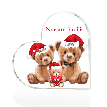 A familia-Placa de acrílico en forma de corazón Feliz Navidad familia de osos 3 nombres y 1 texto personalizados | Jessemade