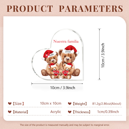 A familia-Placa de acrílico en forma de corazón Feliz Navidad familia de osos 4 nombres y 1 texto personalizados | Jessemade