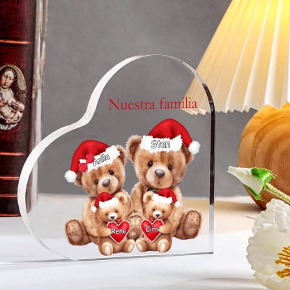 A familia-Placa de acrílico en forma de corazón Feliz Navidad familia de osos 4 nombres y 1 texto personalizados | Jessemade