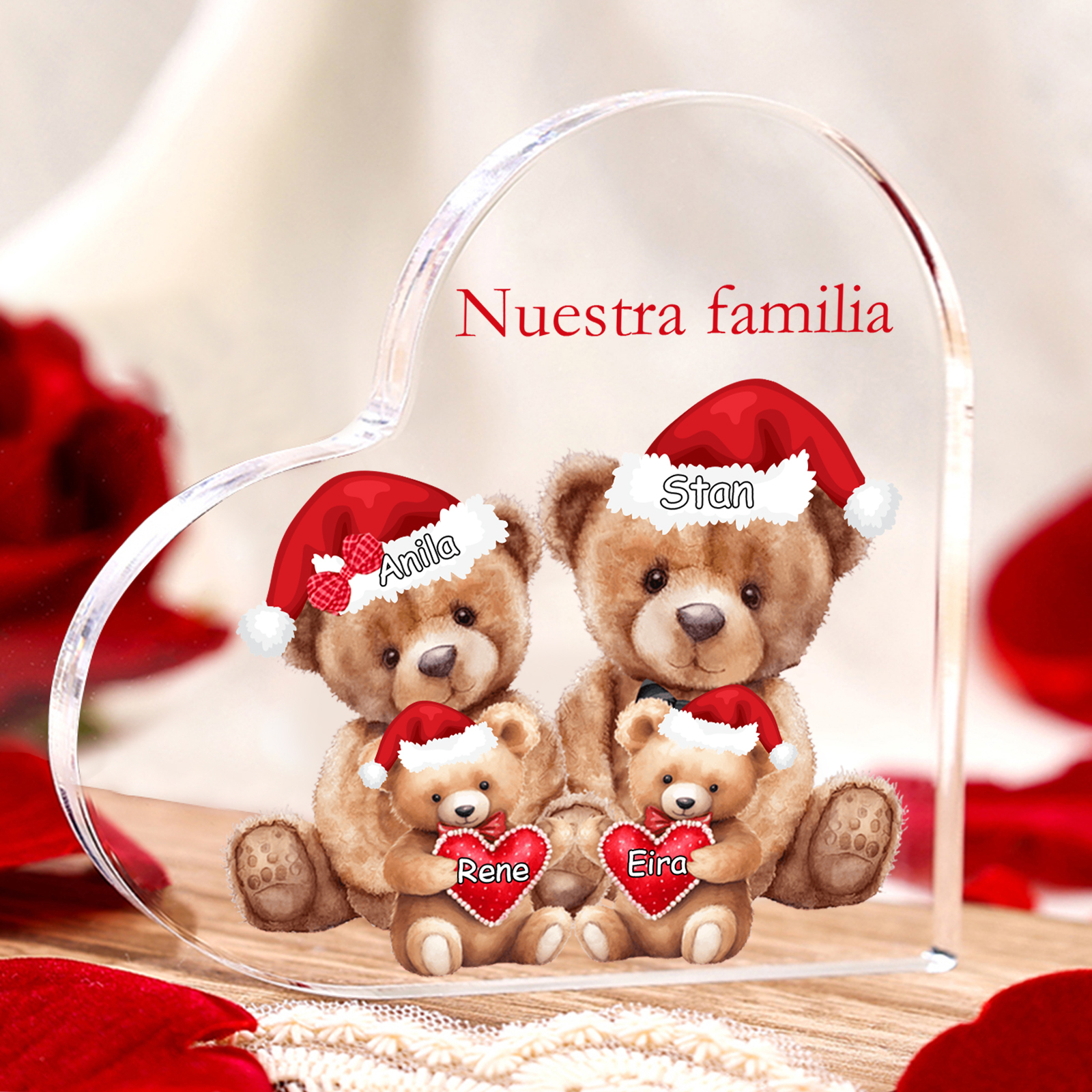 A familia-Placa de acrílico en forma de corazón Feliz Navidad familia de osos 4 nombres y 1 texto personalizados | Jessemade