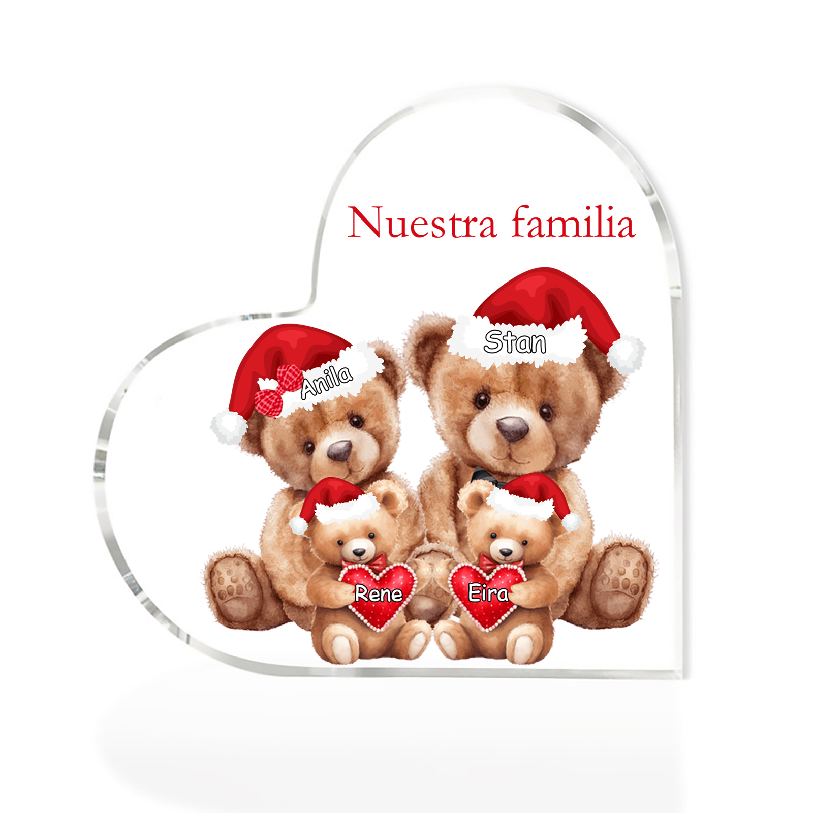 A familia-Placa de acrílico en forma de corazón Feliz Navidad familia de osos 4 nombres y 1 texto personalizados | Jessemade